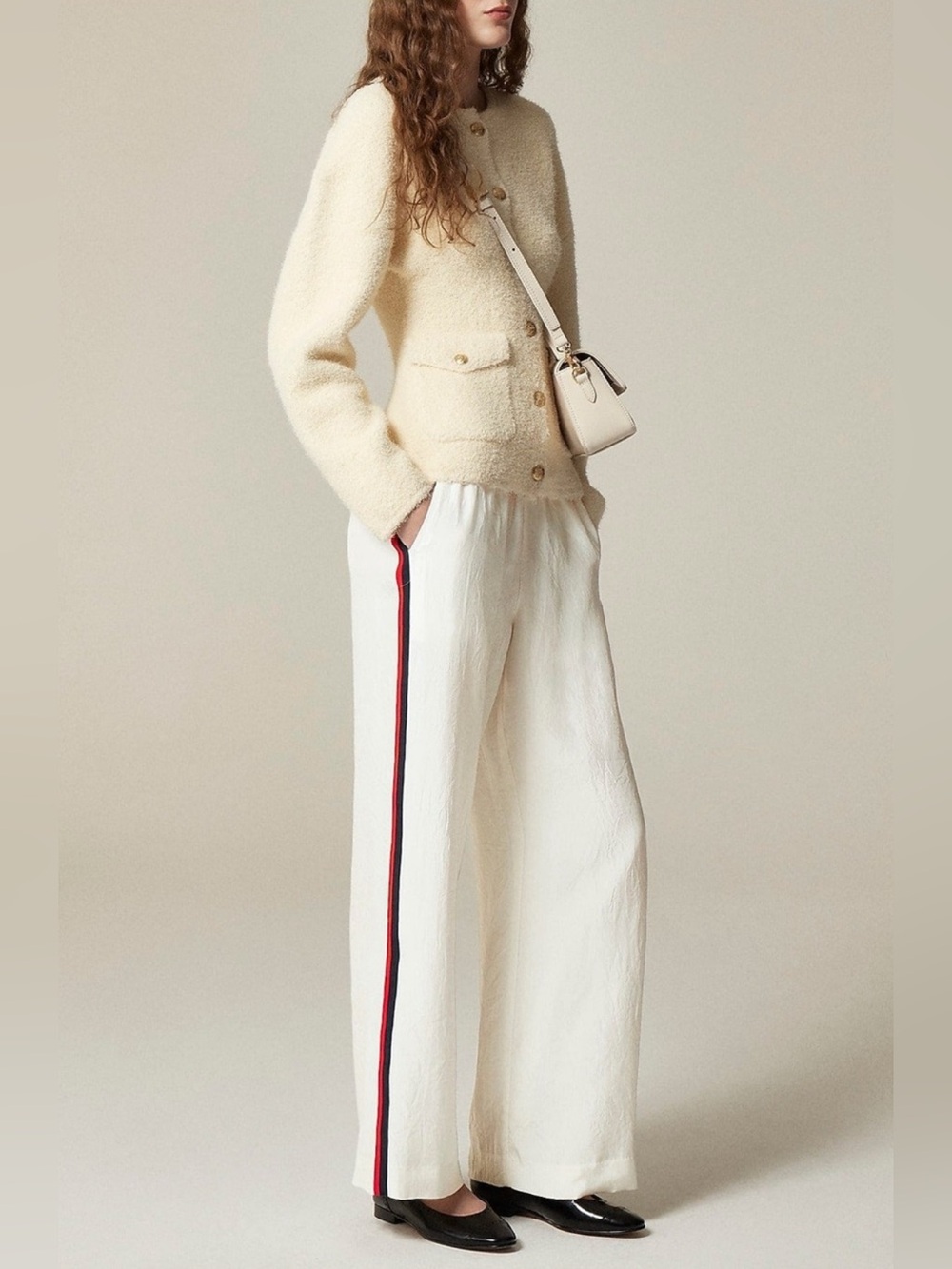 J. Crew Stratus Side Stripe Pants Textured Satin Size 18 Ivory Pull on Wide Leg